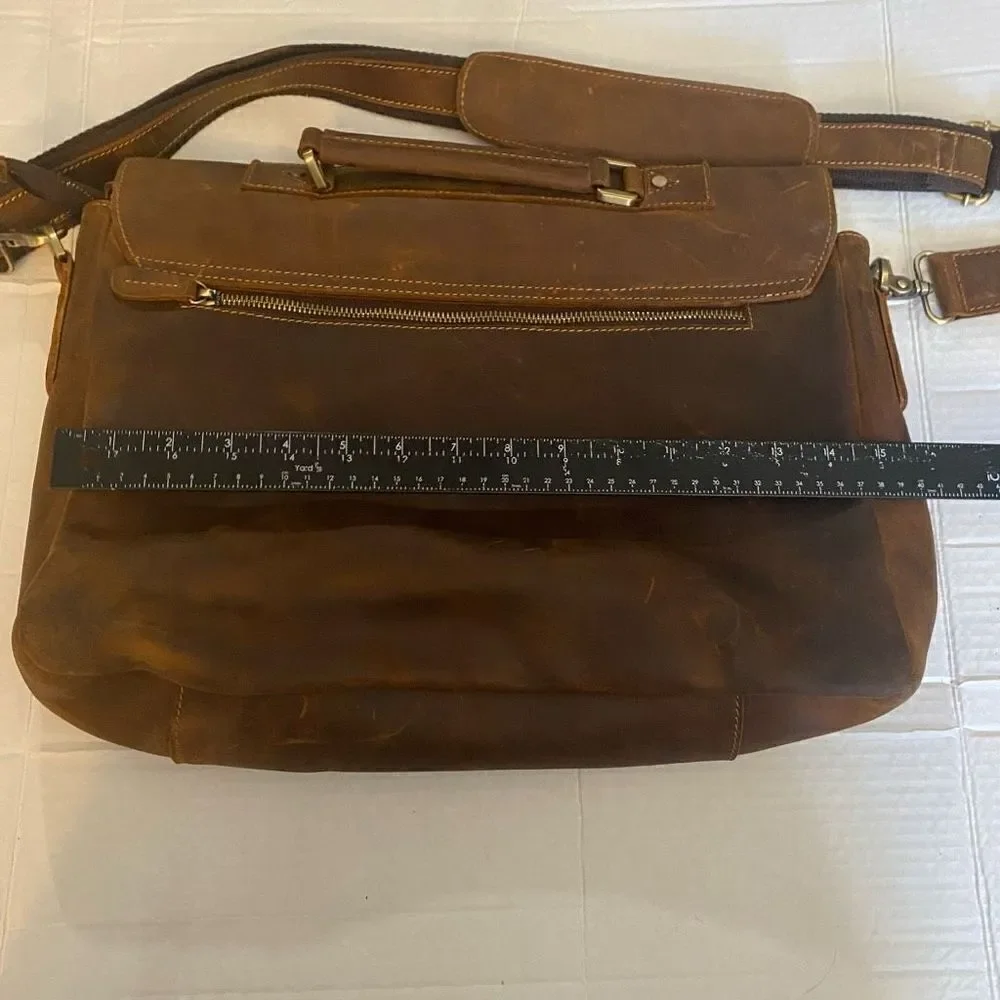 KATTEE Brown‎ Leather Messenger Shoulder Bag Distressed 14.5X3.5X10